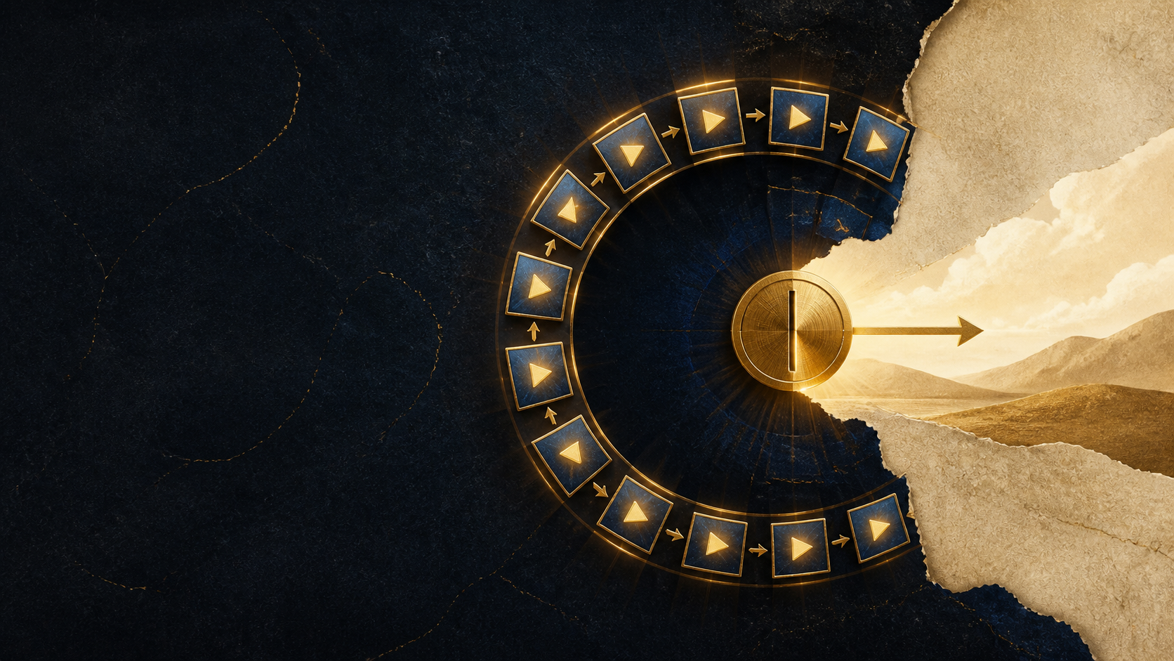 A circular stream of video tiles interrupted by a golden pause and an opening toward a calm landscape