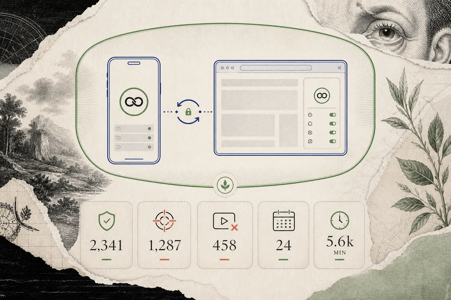 Remixed collage showing local app and Safari extension rules with private impact counters