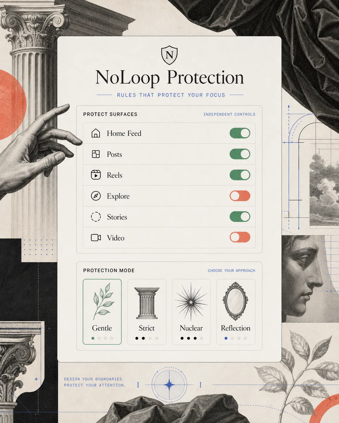 Remixed collage of independent protection rules for feed, posts, Reels, Explore, Stories, and video